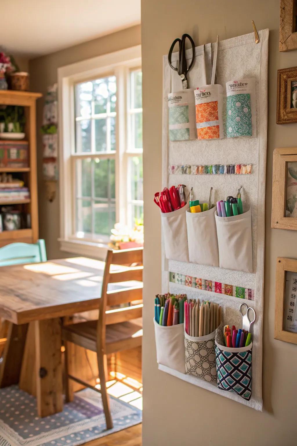 Craft rooms thrive with supply holders attached to walls in an arranged manner.