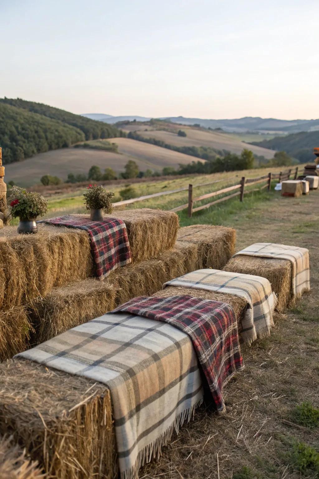 Rustic hay block seating for a harvest congregation.