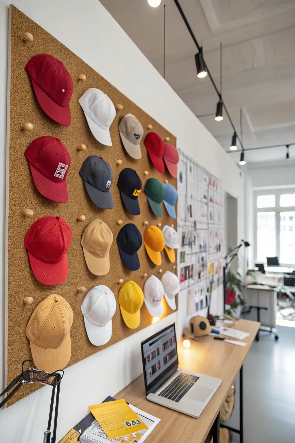Hats secured to a cork surface.