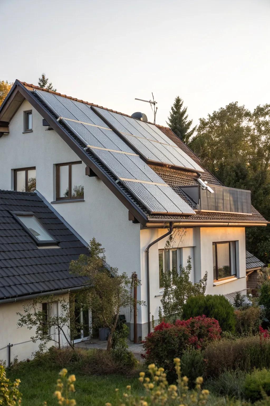 A house roof featuring solar thermal surfaces, exemplifying eco-friendly and sustainable design.