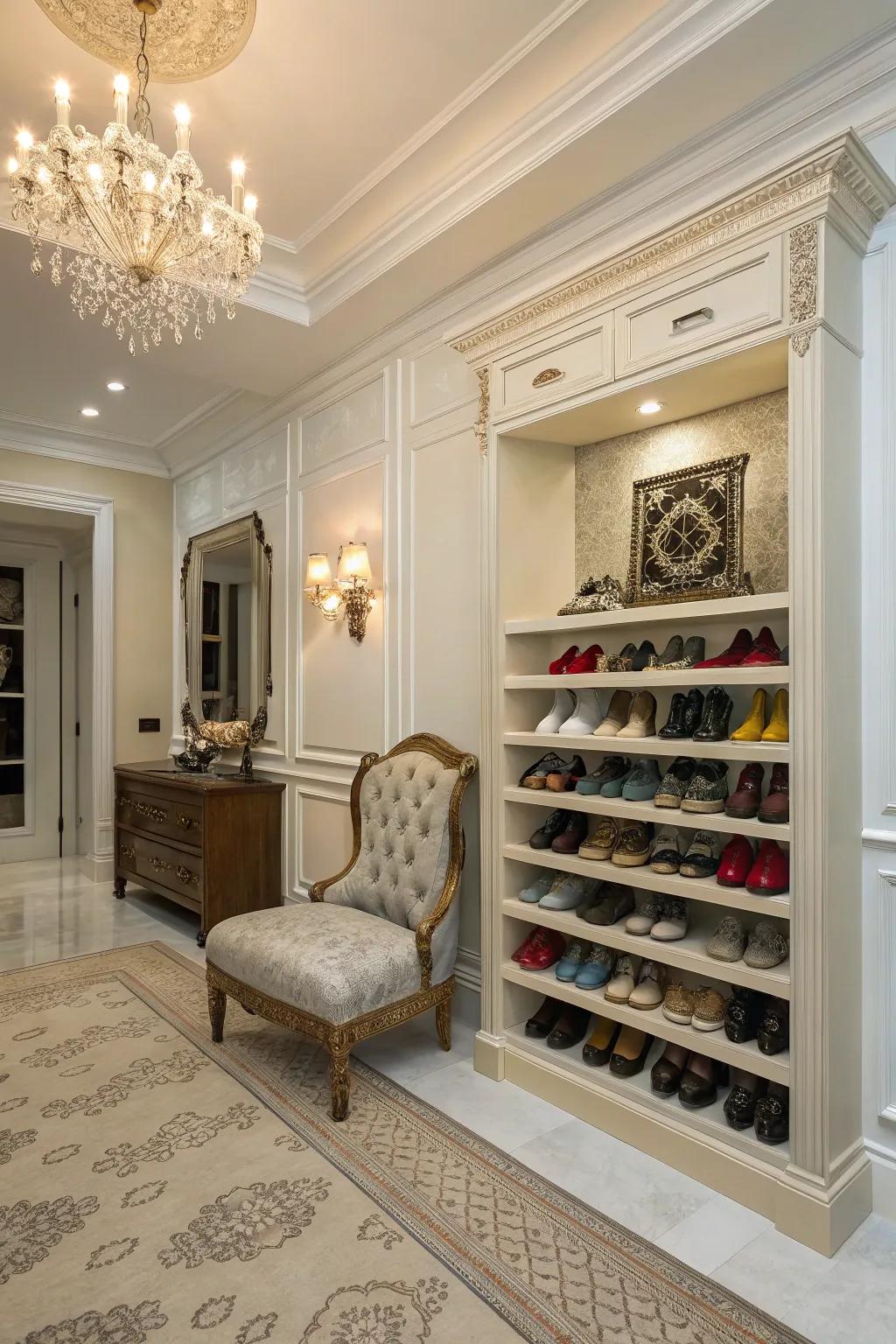 Ornamental molding shoe ledges provide a refined and practical storage solution.