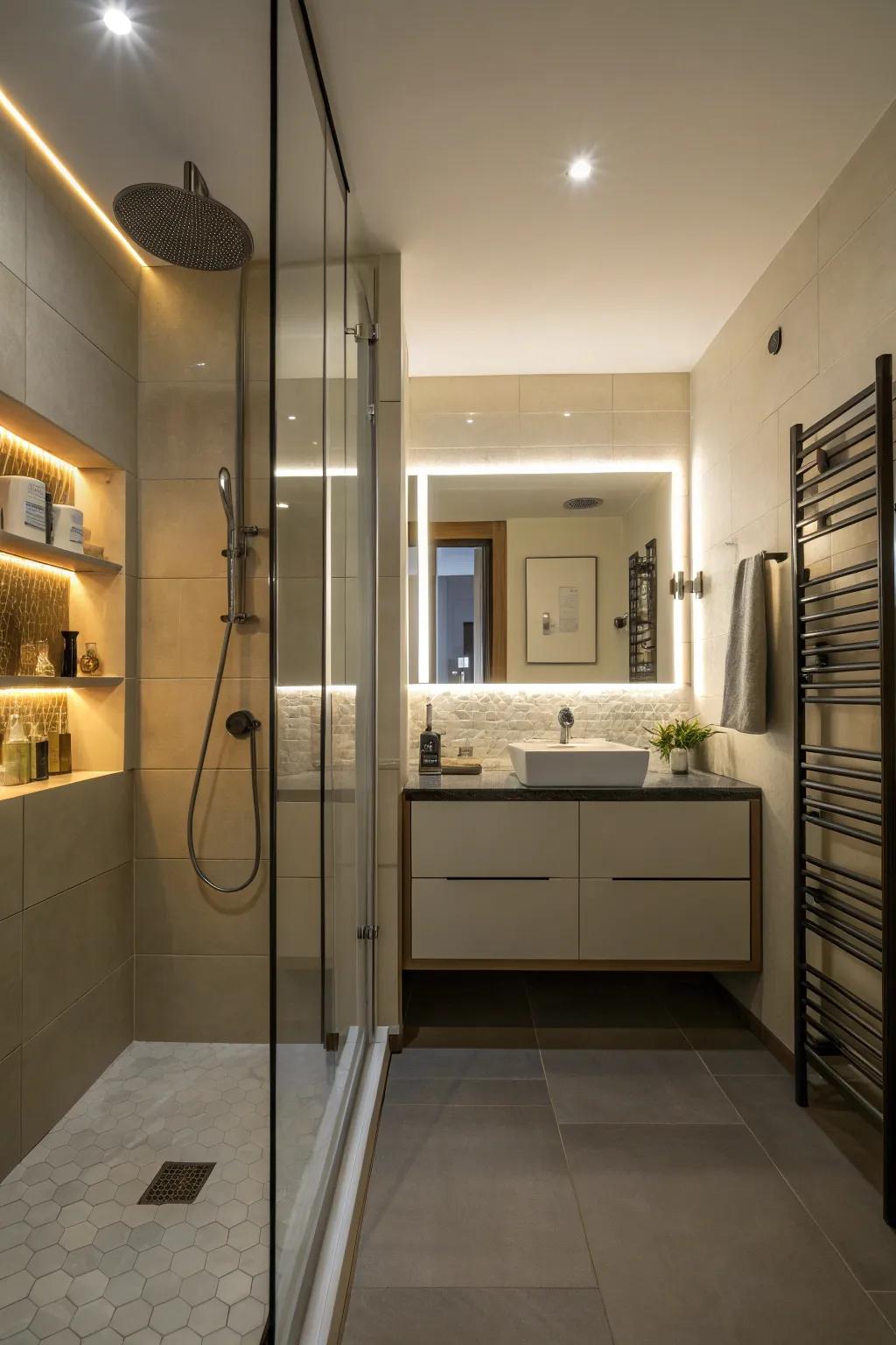 Secreted illumination transmutes the shower into a pacifying oasis.