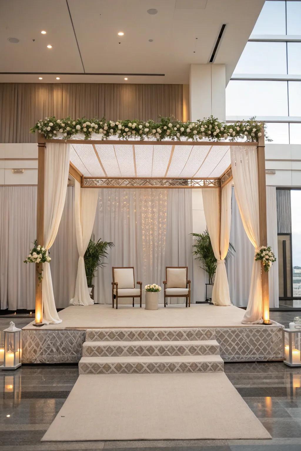 An understated chic mandap featuring neutral tones and uncluttered outlines.