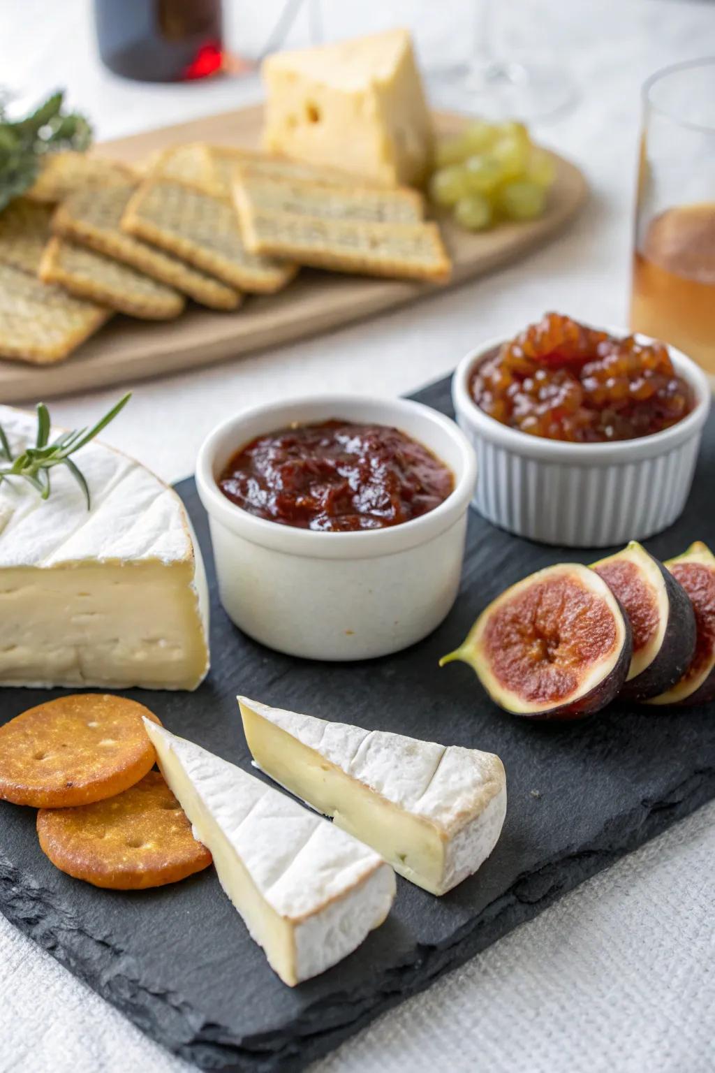 A delightful cheese and jam pairing charcuterie board.