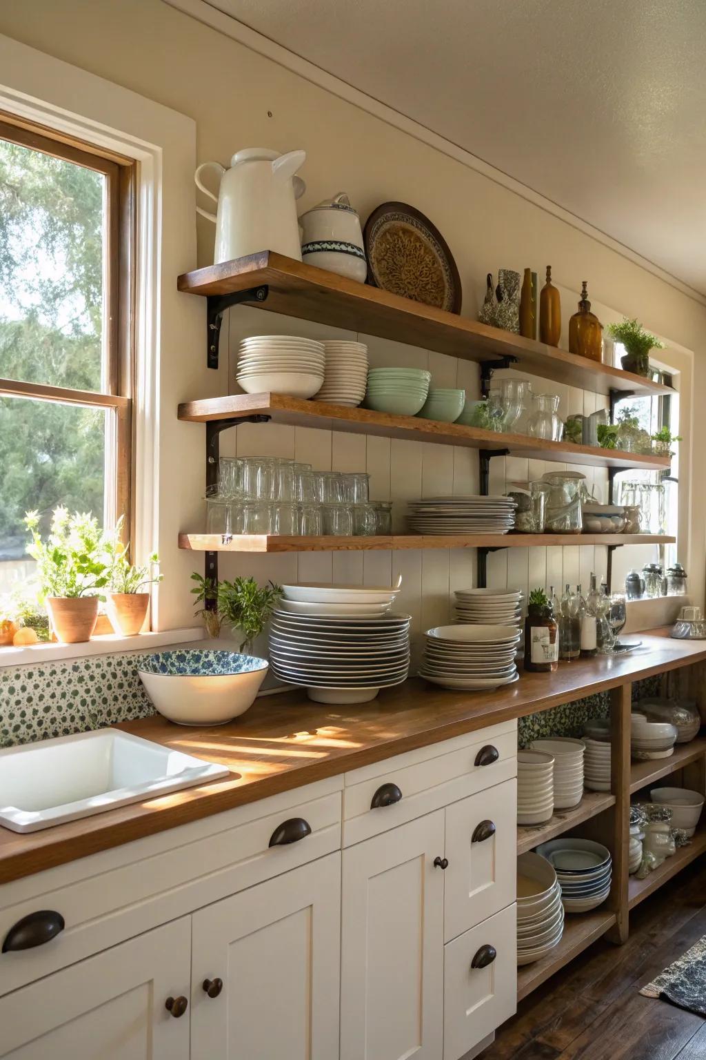 Open shelving provides a practical and stylish solution for kitchens.