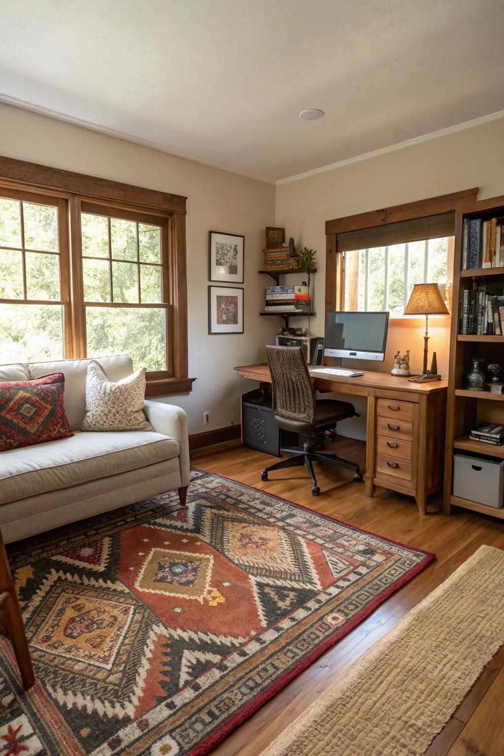 Rugs add softness and a cozy touch, enhancing your office space.