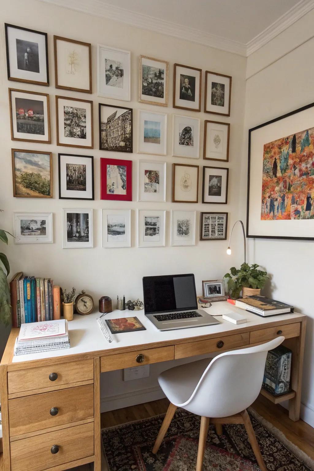 A personal gallery wall contributes inspiration and warmth to a home office.