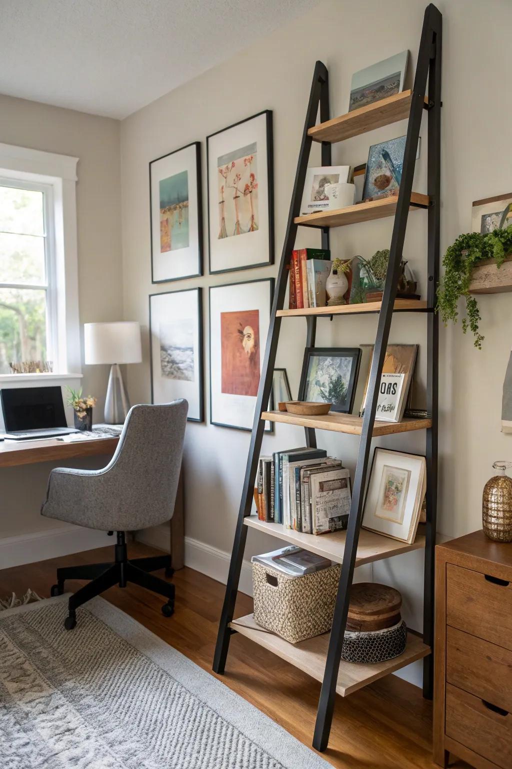 Inclined shelves provide modern, vertical storage.