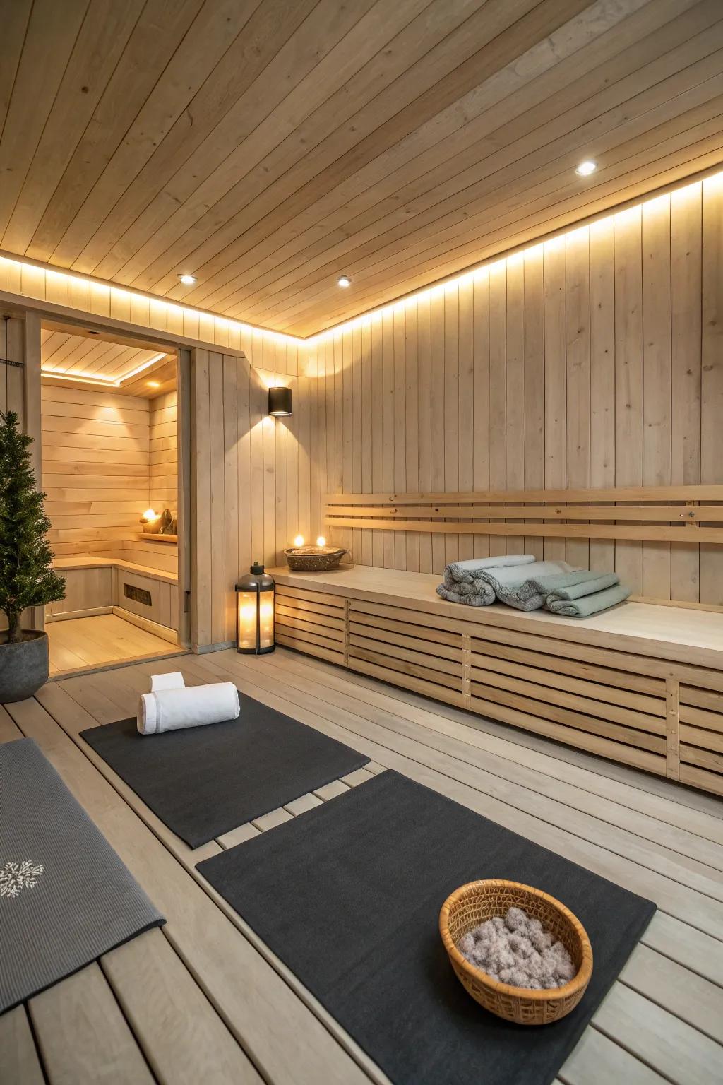A multi-use sauna space that accommodates both rest and mindfulness.