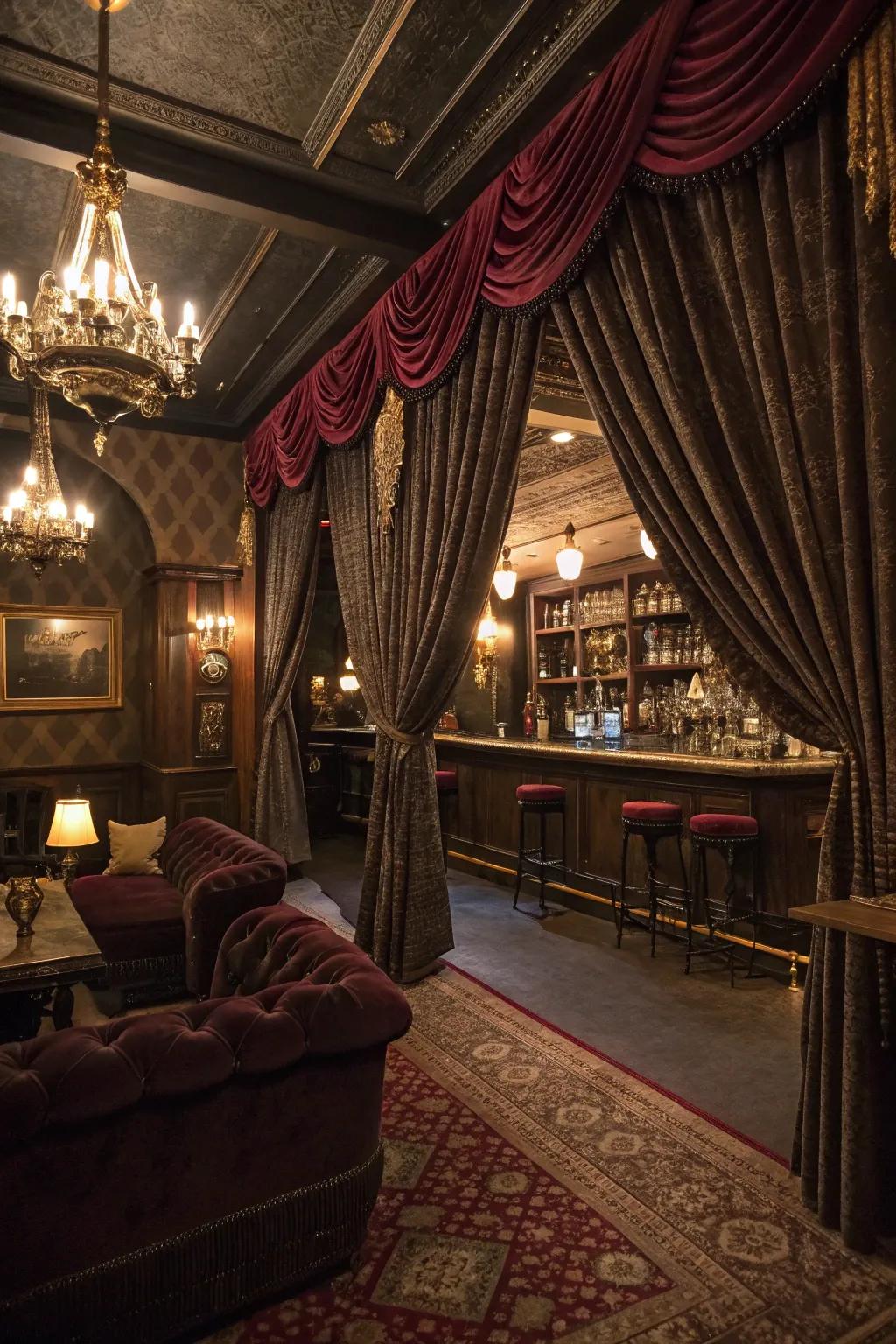 Opulent drapes enhance seclusion and extravagance.