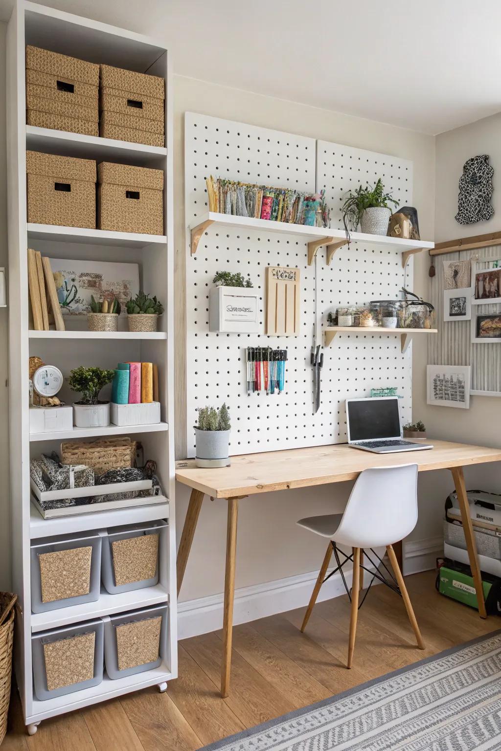 Efficient storage maintains an organized, tidy studio.