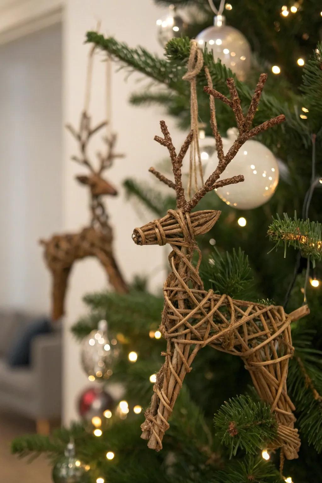 Rustic twig reindeer ornaments adding woodland charm to the holiday decor.