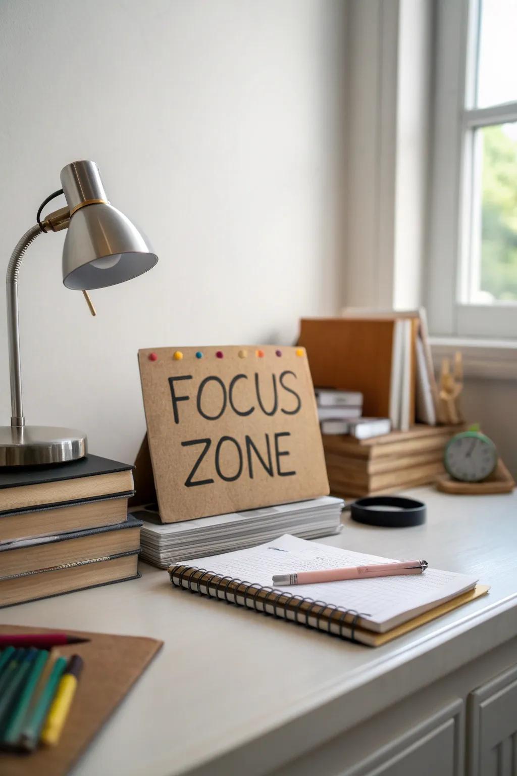 A 'Focus Zone' notice encourages uninterrupted study.