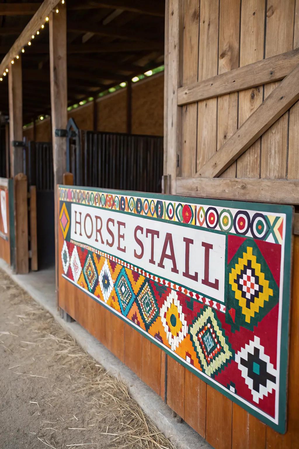 A vibrant, colorful patterned stall marker.