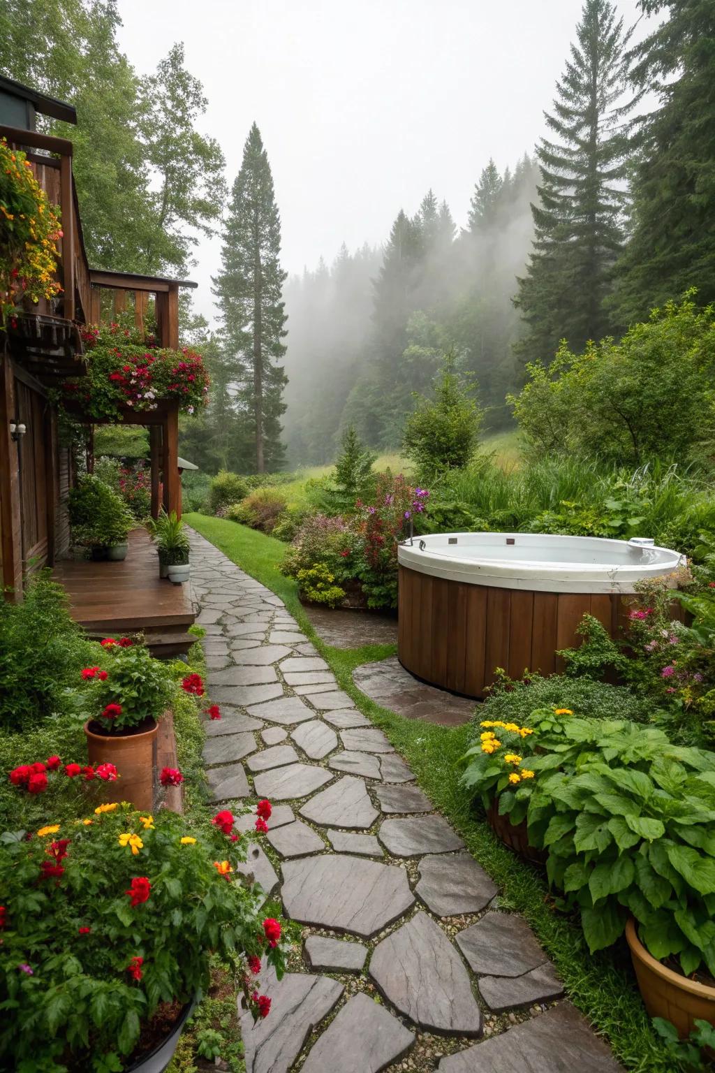 A stone walkway contributes rustic charm to the <strong><em>hot tub</em></strong> approach.” loading=”lazy” class=”pimg”>
	</picture><figcaption>A stone walkway contributes rustic charm to the <strong><em>hot tub</em></strong> approach.</figcaption></figure>
<p>A stone walkway guiding to your <strong><em>hot tub</em></strong> can integrate a captivating, rustic component. In my own garden, it evokes a sensation of entering a concealed hideaway.</p>
<h3>A few choices to try:</h3>
<ul class=
