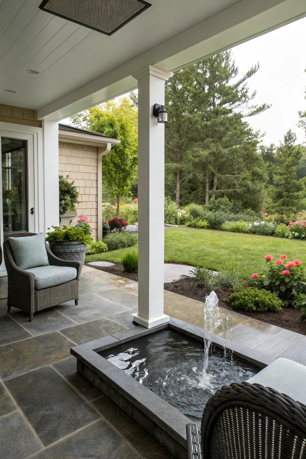 A water feature infuses a sense of tranquility into this modern porch.