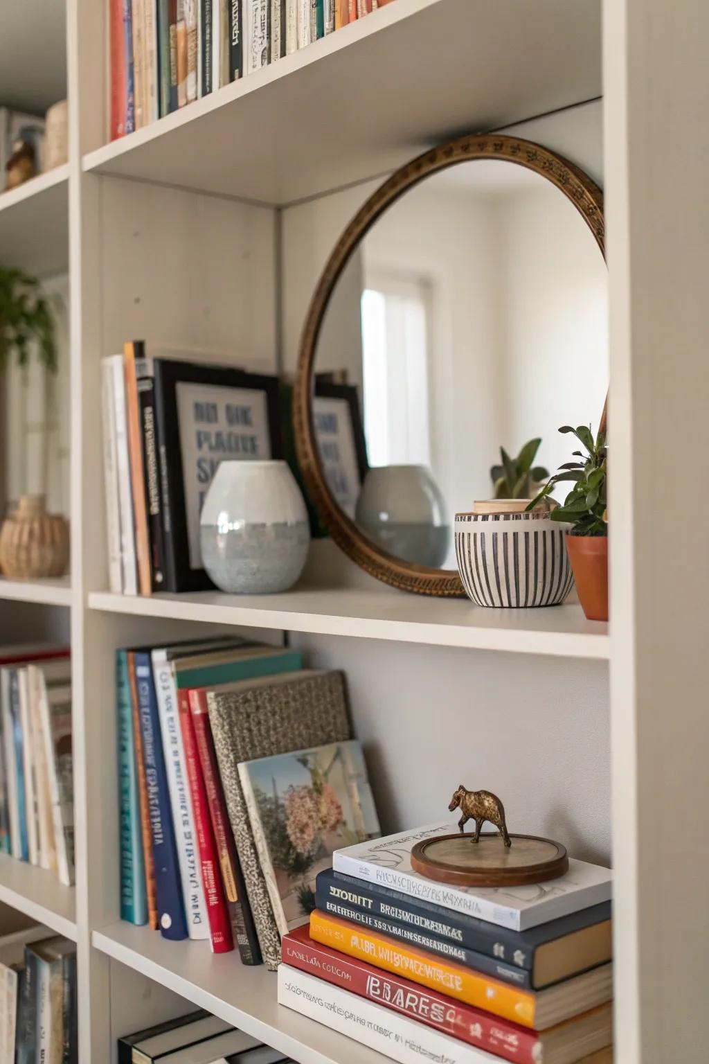 Bookshelf with a mirror appending profundity and reflection.