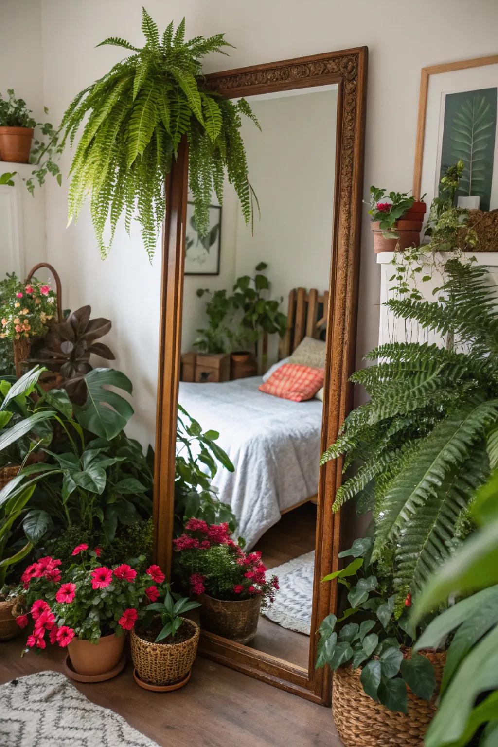 Plants accentuate the inherent allure of mirrors, crafting serene spaces.