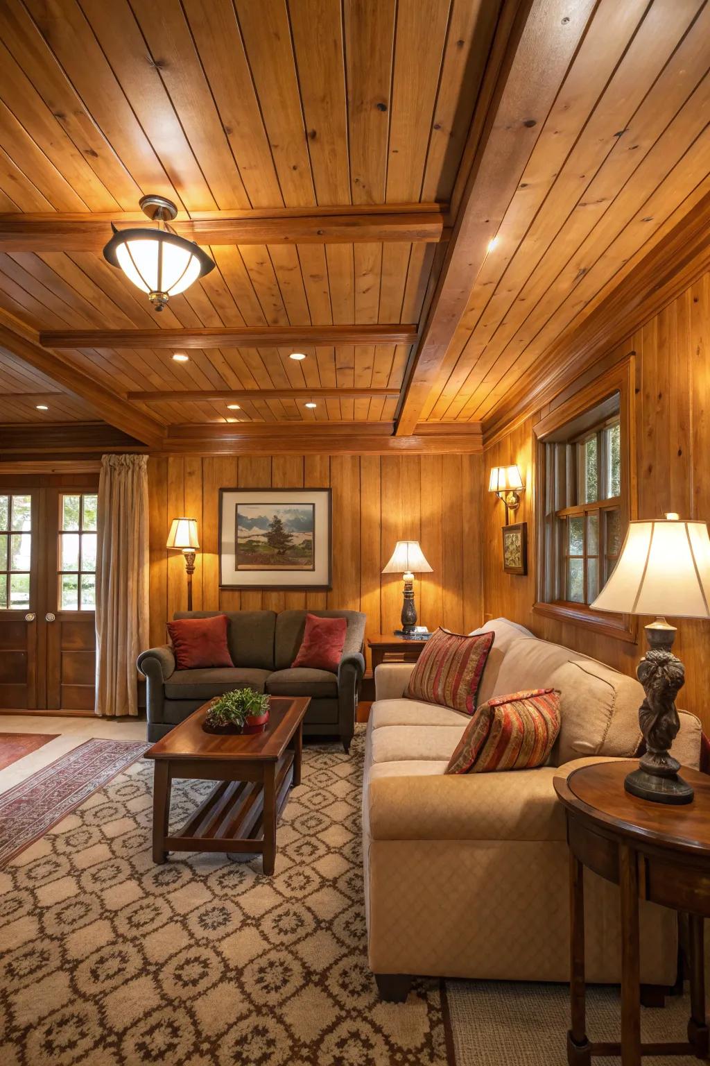 A snug room with warm wood covering on the roof.