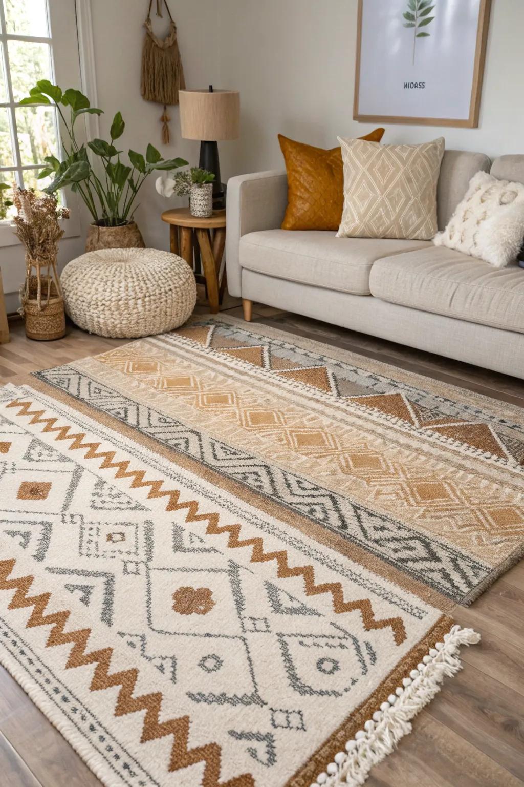 Superimposed rugs heighten warmth and delineate spaces.