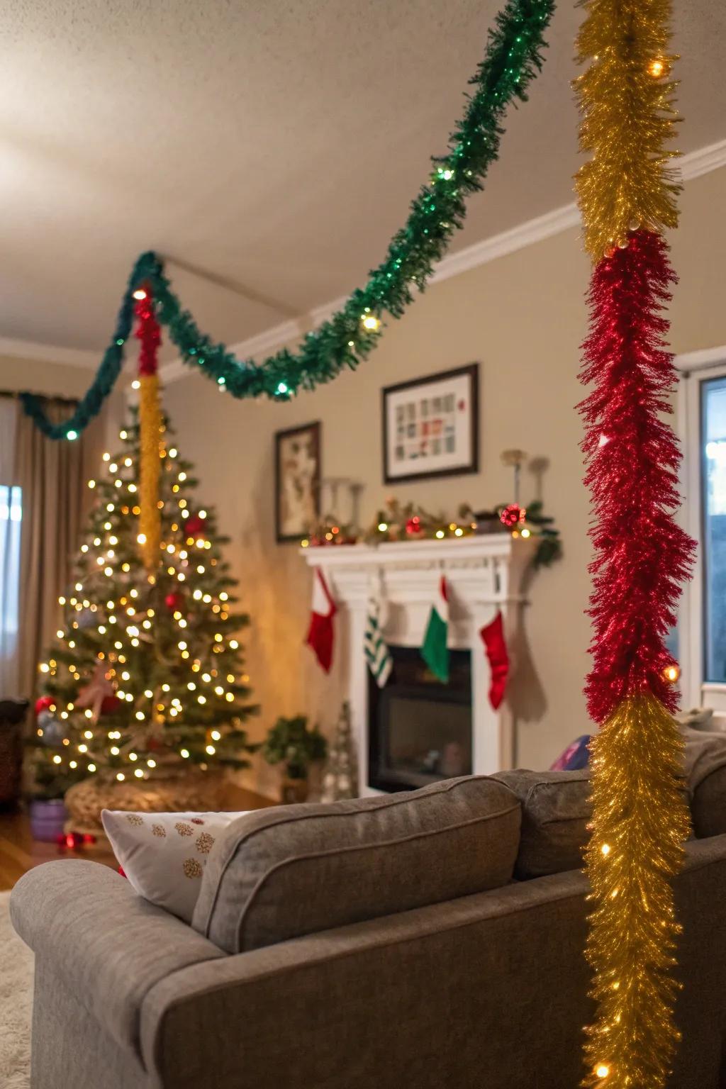 A living space embellished with chromatic shimmer strands.