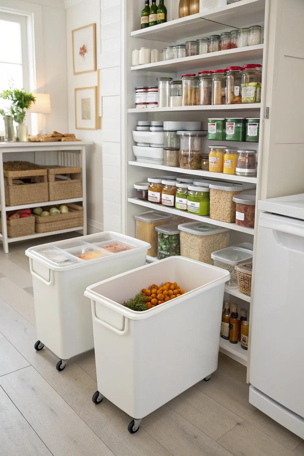 Wheeled bins offer easy access to items stored under shelves.