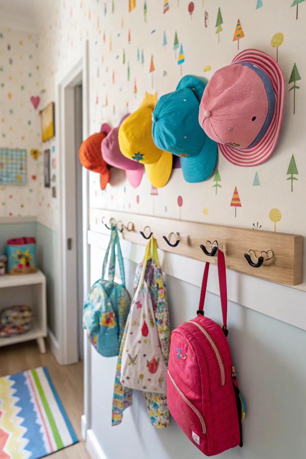 Wall-mounted hooks keep accessories tidy and accessible.