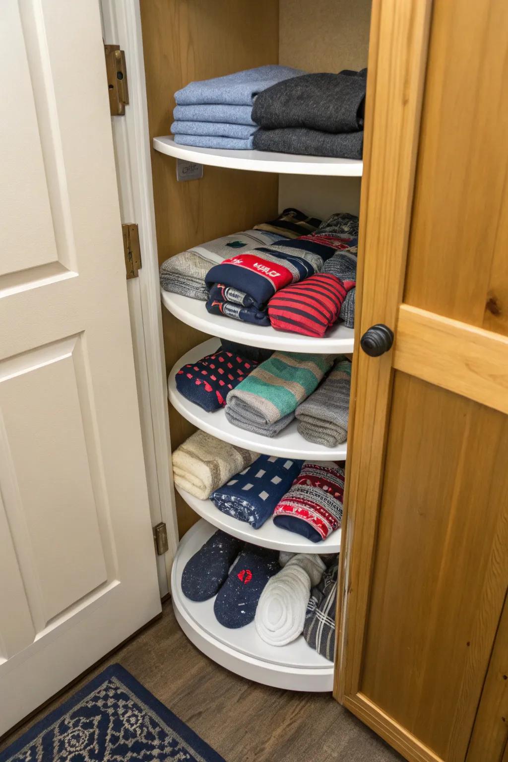 A rotating tray ensures your preferred socks are accessible and organized.