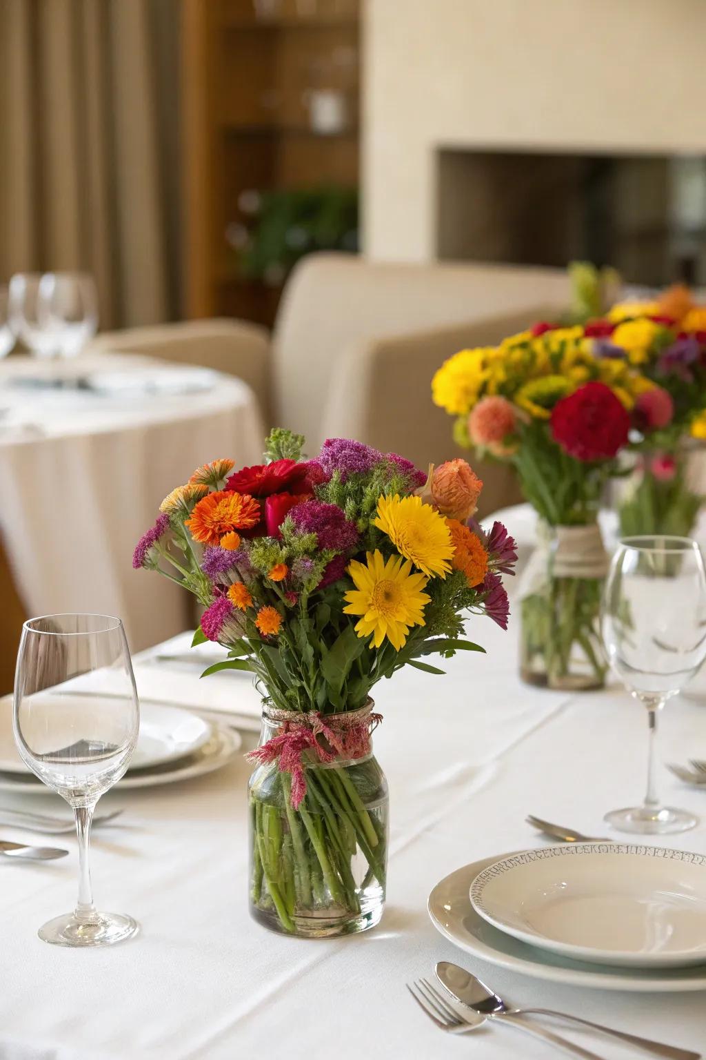 Tightly knit bouquets in diminutive vessels, ideally suited for table settings.
