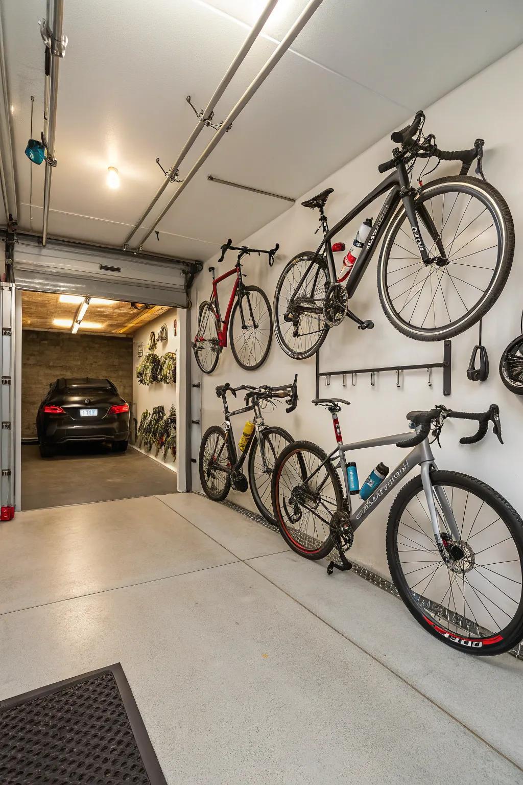 Artistic displays transform bikes into garage decor.