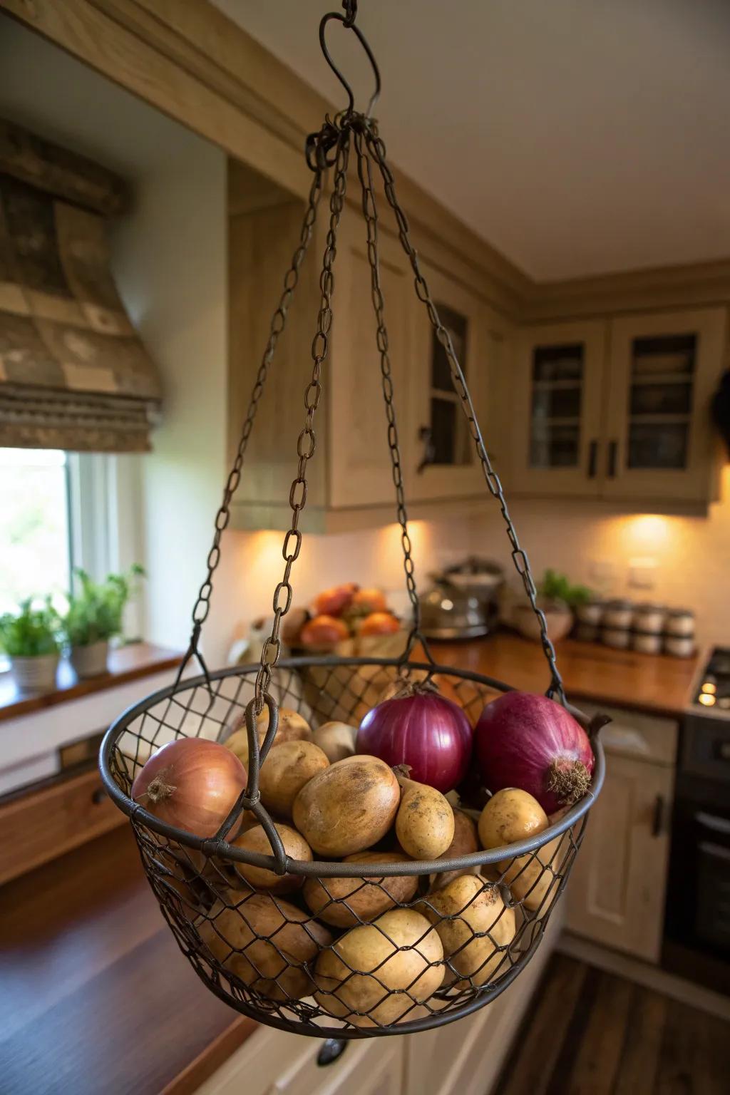 Suspended containers are both decorative and practical, making them ideal for storing produce.