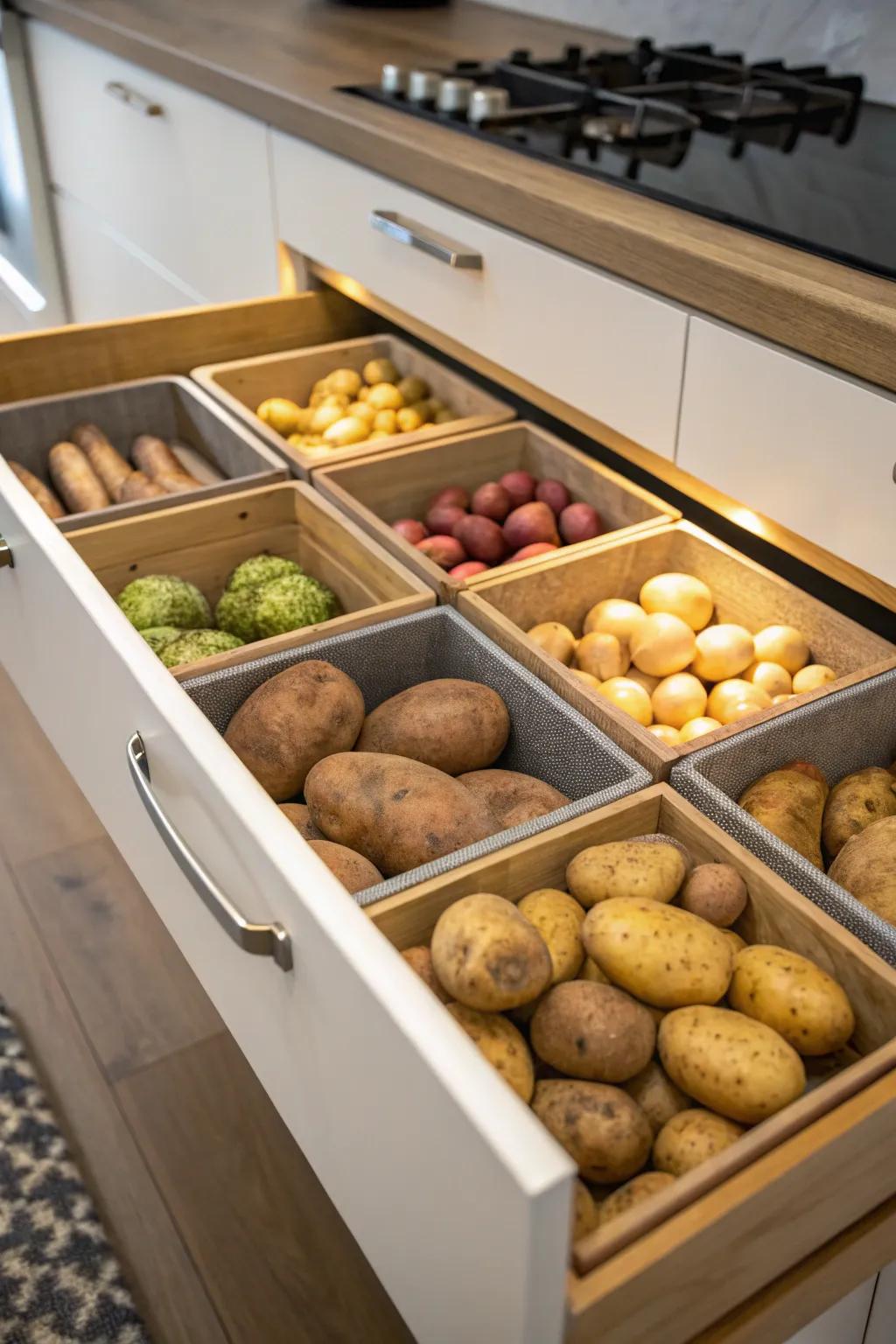 Arranged potato arrangement employing cooking area slide partitions.