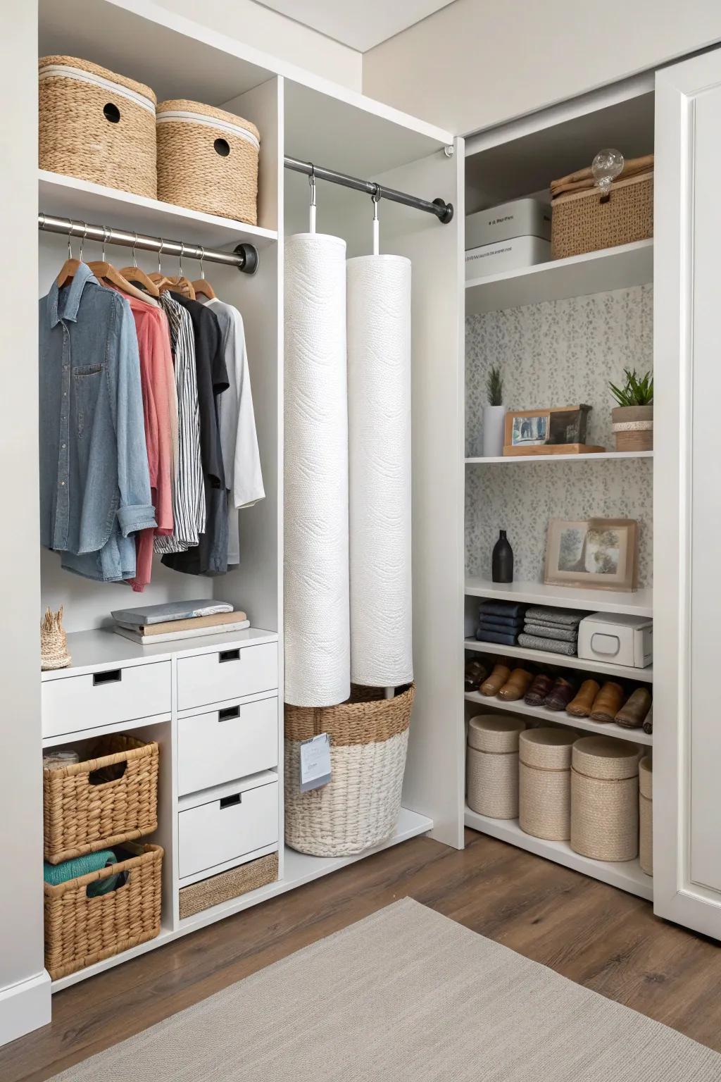 Expandable rods efficiently store tissue paper rolls in a closet.