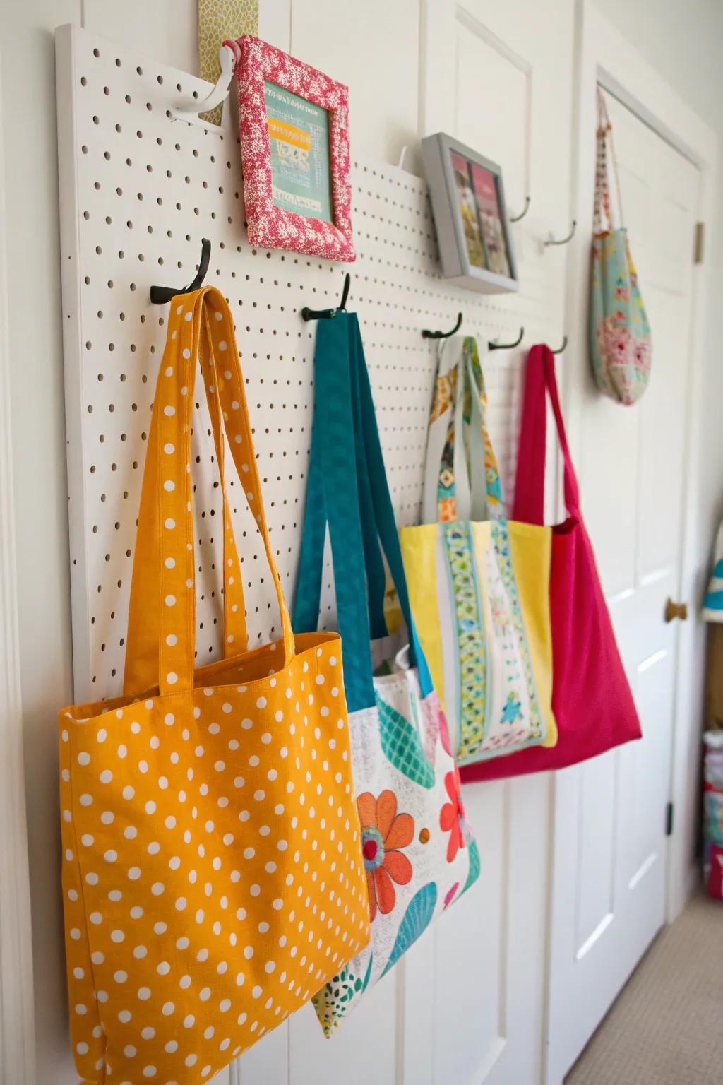 Pegboards allow for dynamic and flexible tote displays.