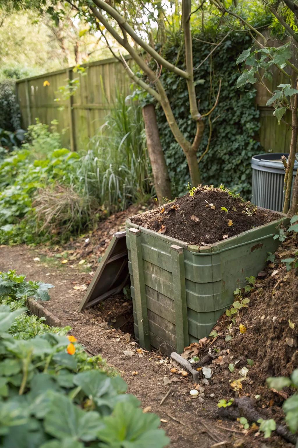 A partially buried compost bin is discreetly placed to reduce scents and pests.