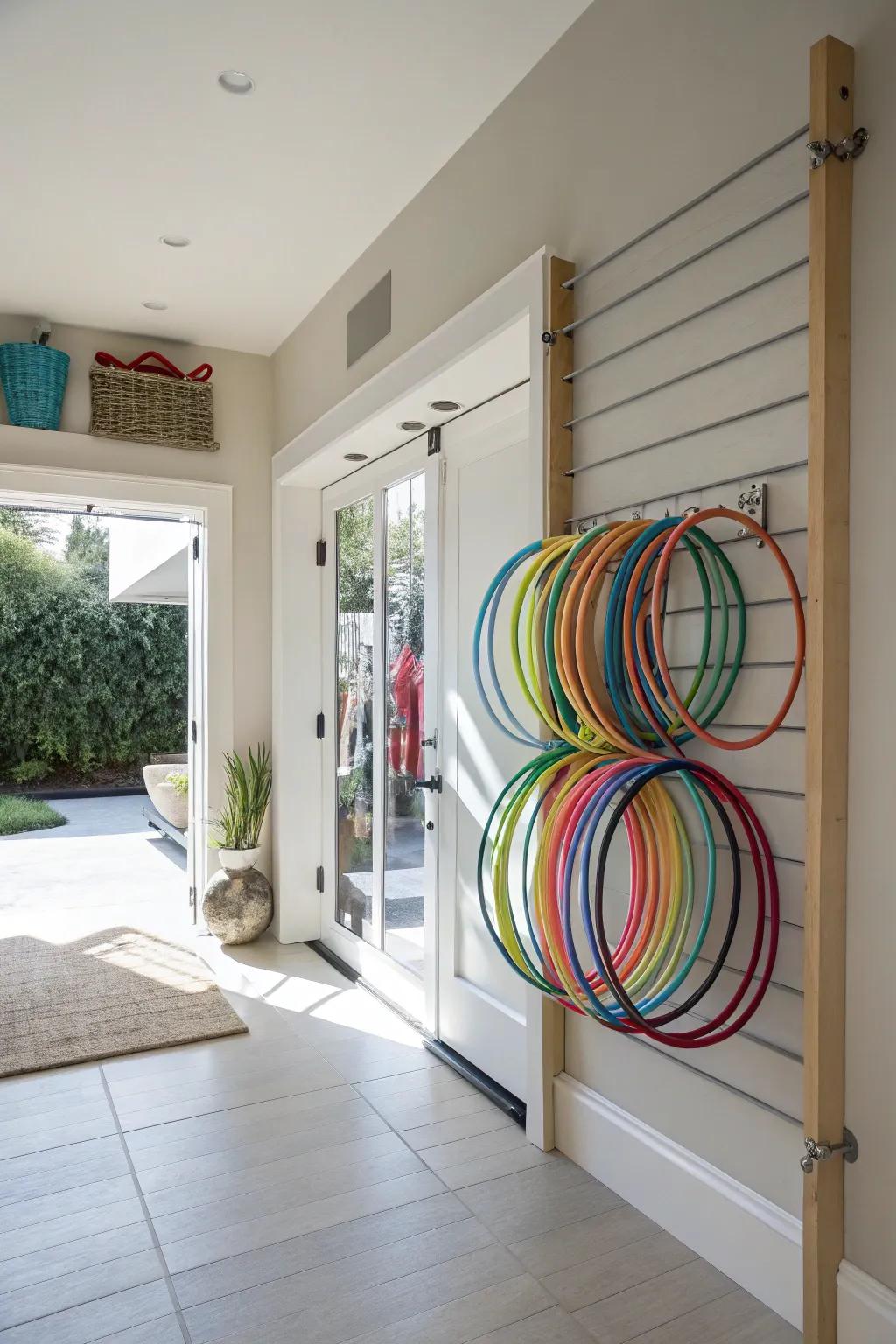 Playful rings stowed on an over-door mount, thereby amplifying space and ease of access.
