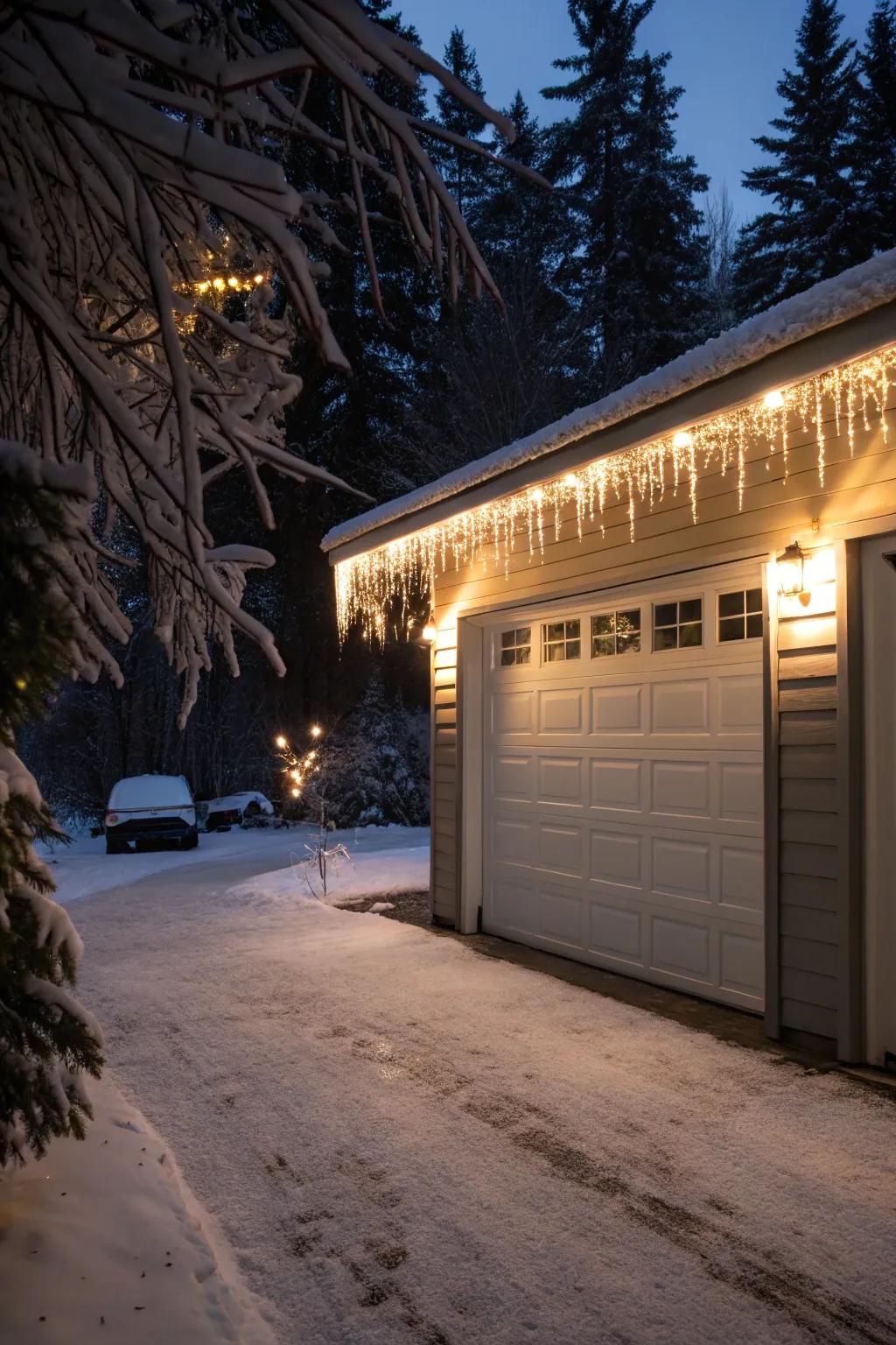 Garage apertures adorned with dazzle lights, brightening the driveway.