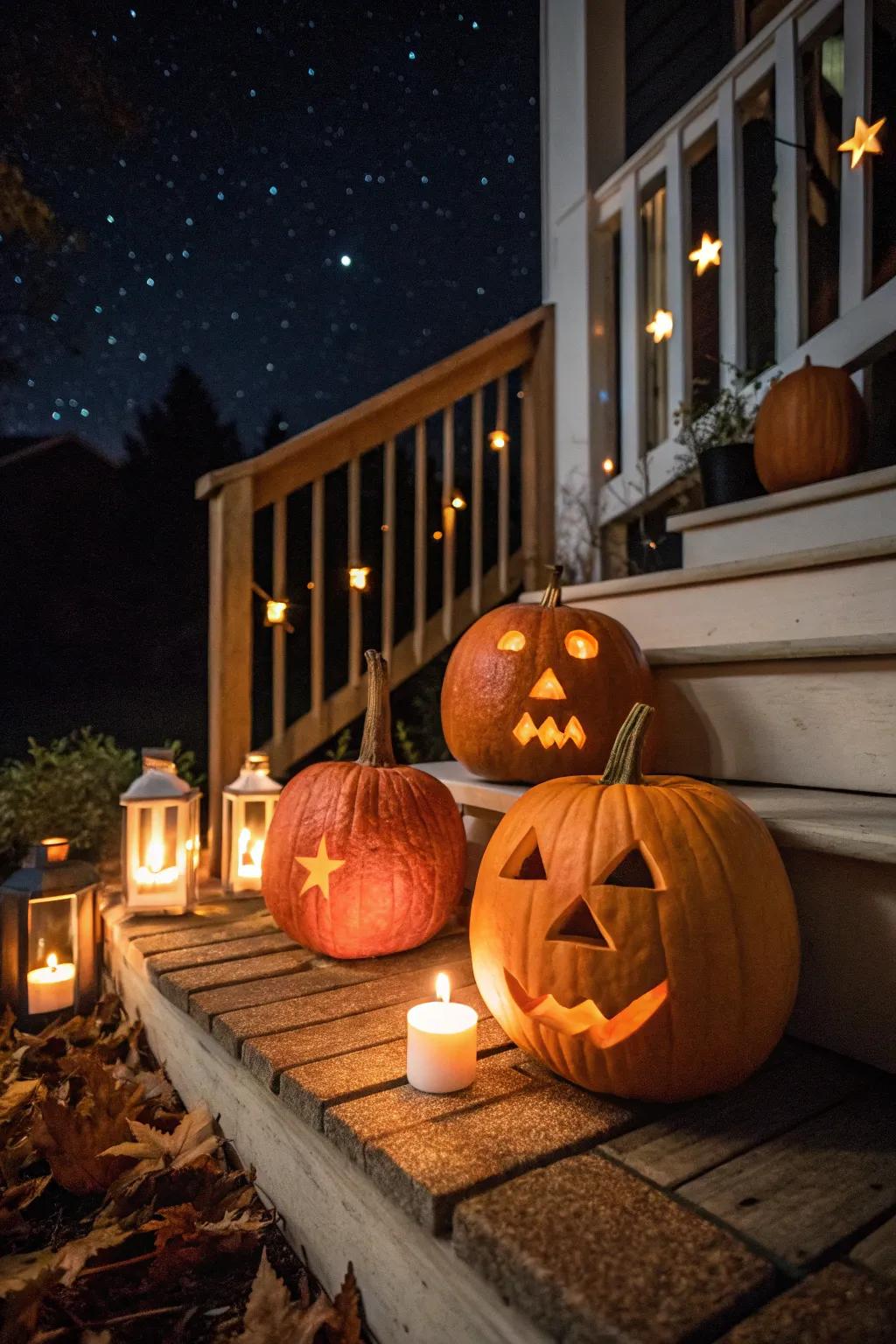 Illuminated pumpkins yielding a balmy and inviting radiance nocturnally.
