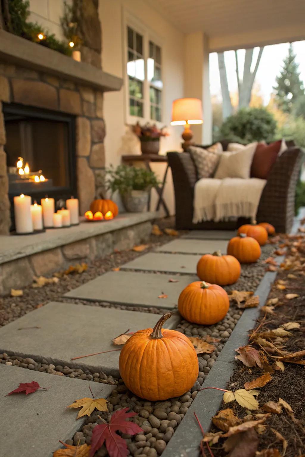 A gourd-adorned walkway guiding guests for Halloween.