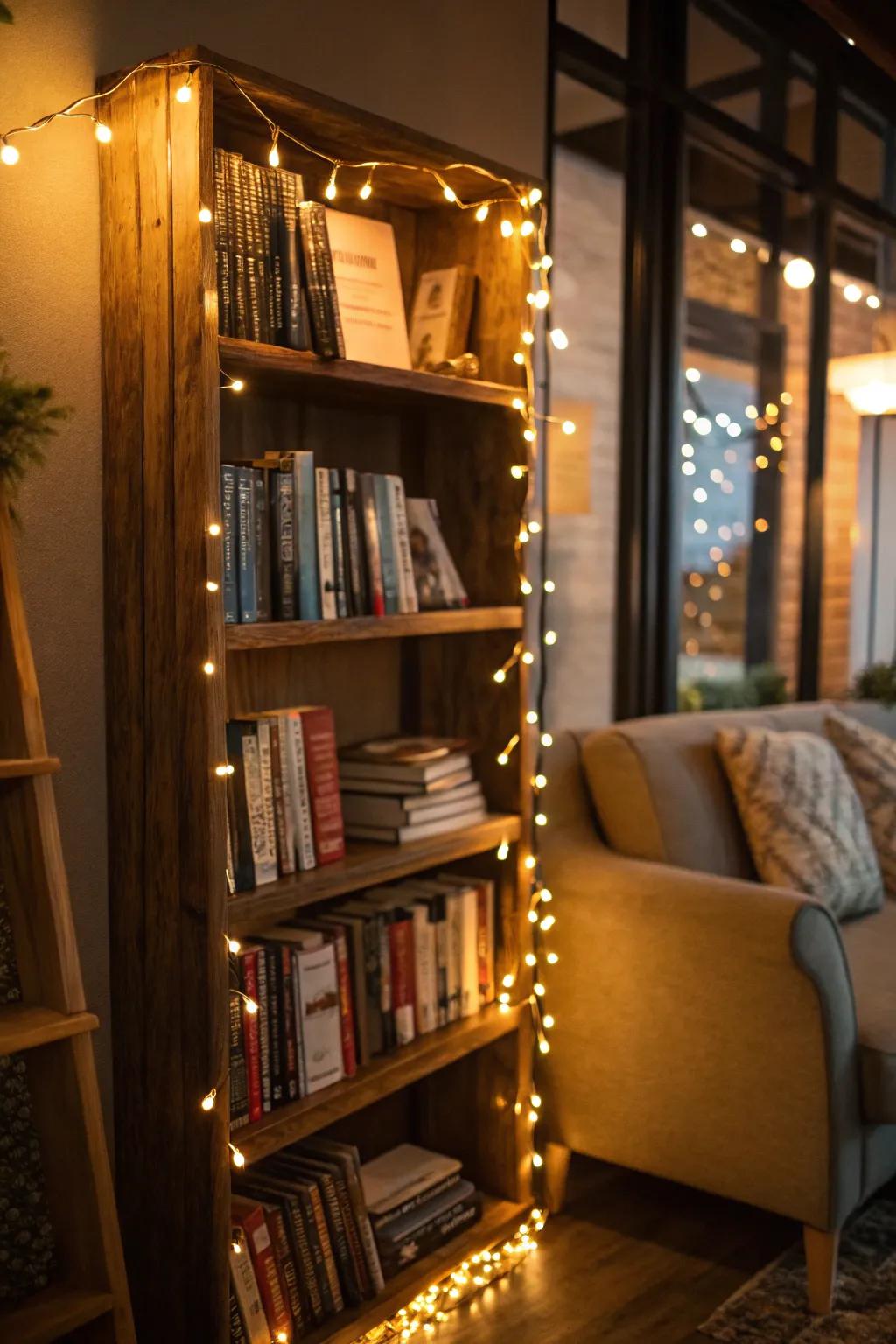 Showcase your bookshelf and create a cozy nook using fairy lights.