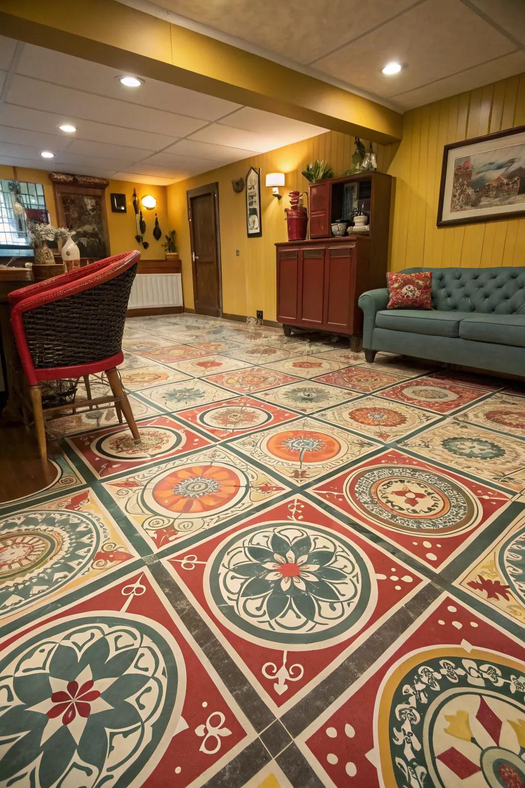 Patterned linoleum adds a retro flair.