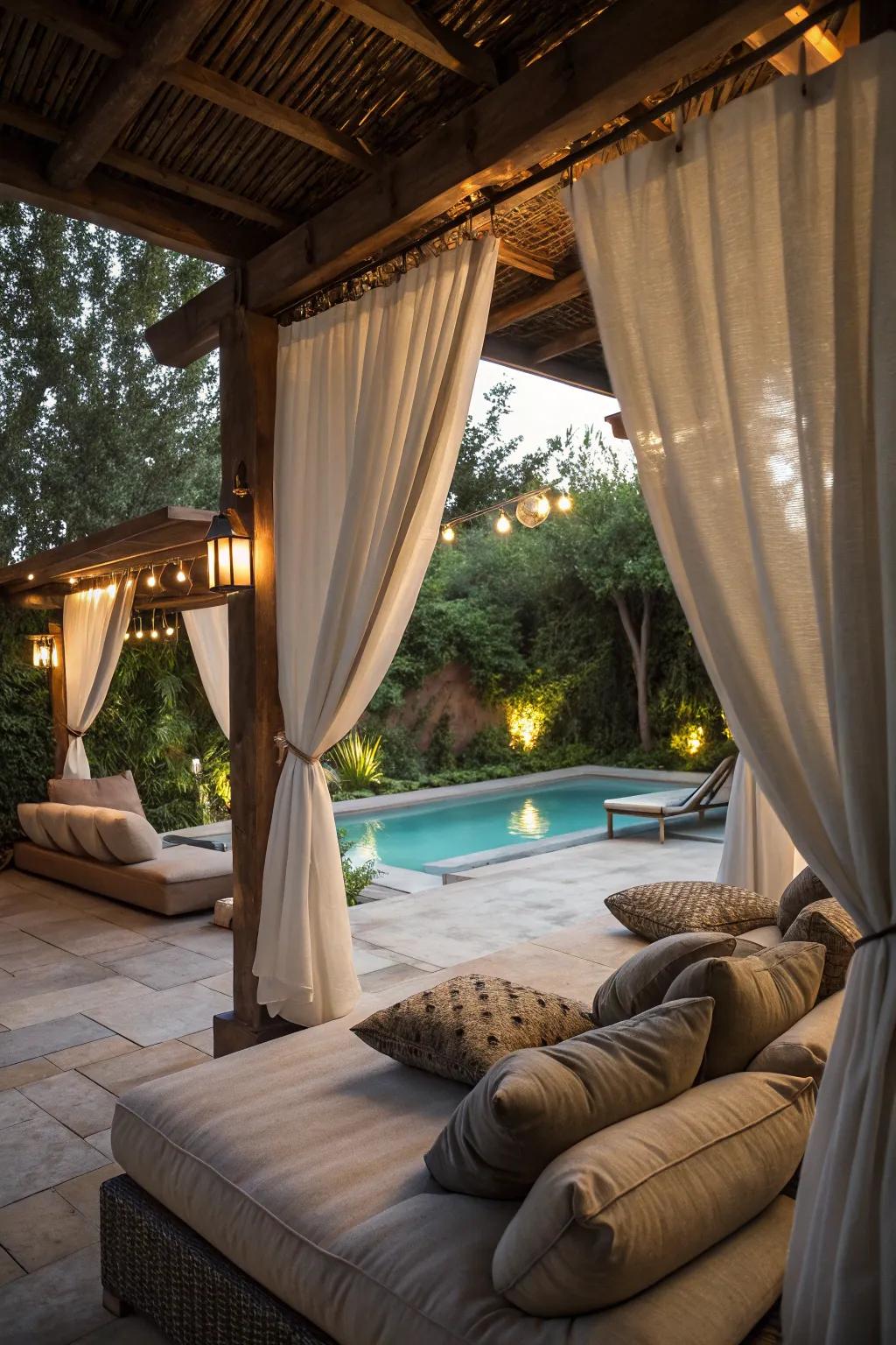 Outdoor curtains make for a private, cozy corner.