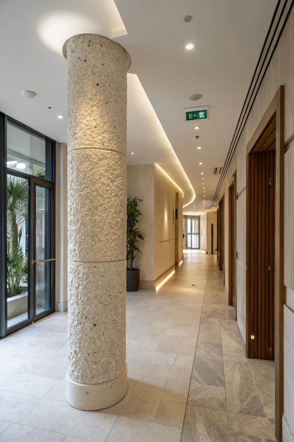 Textured finishes add depth to columns.