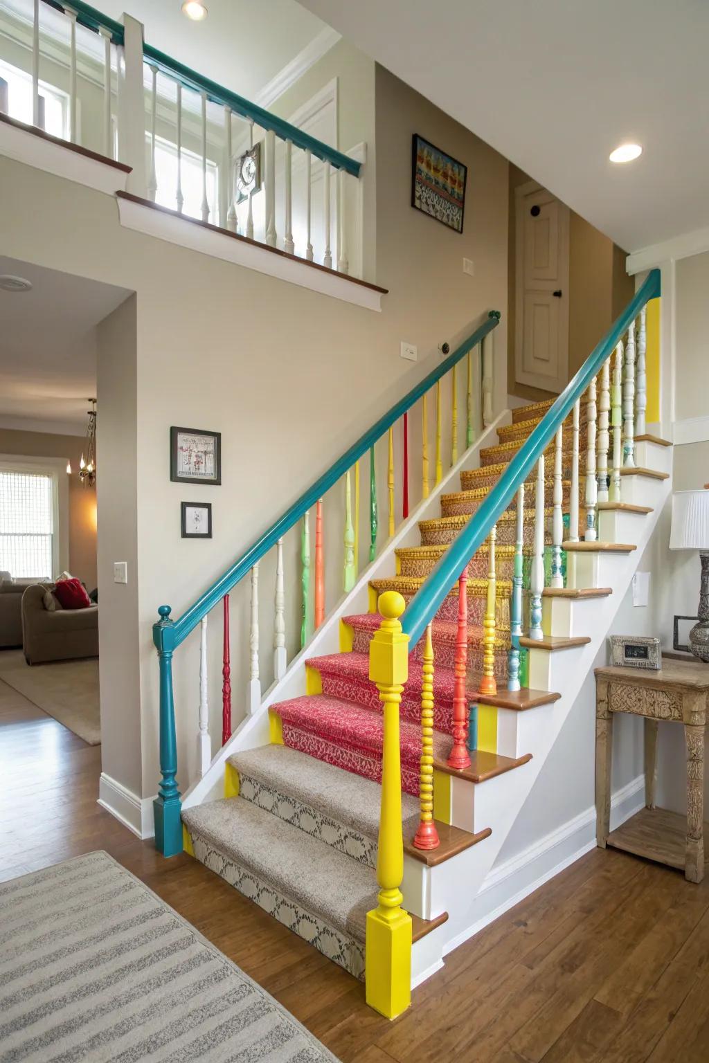Audacious hues on railings contribute a playful and unexpected revision.