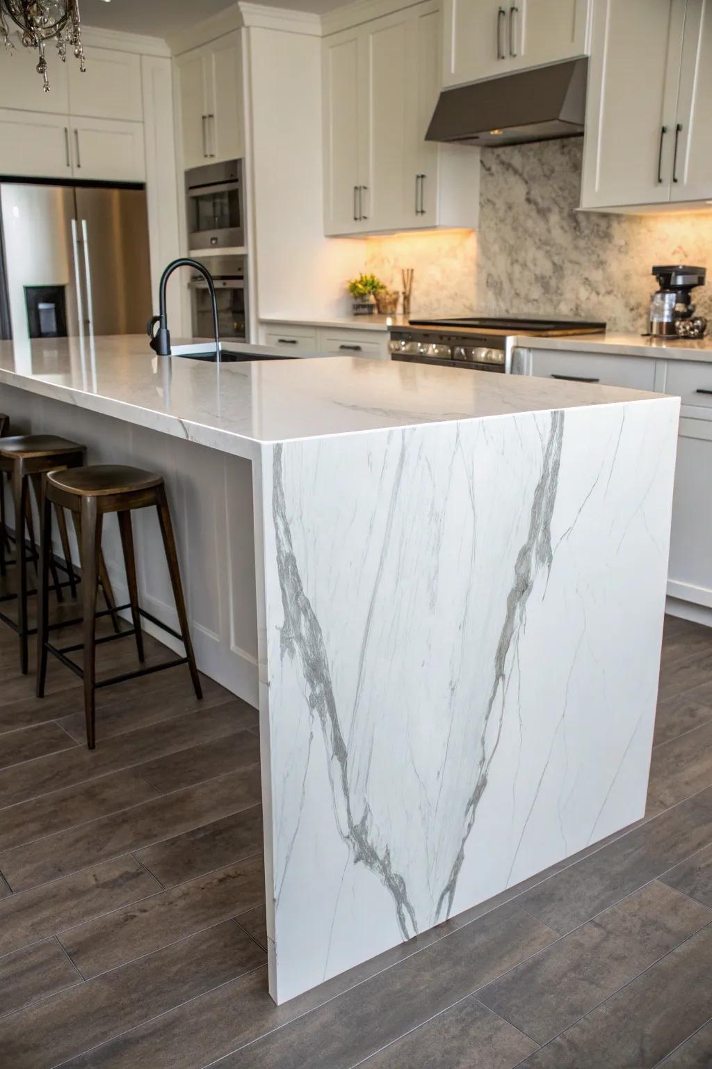 A cascading edge giving a kitchen island a modern and artistic touch.