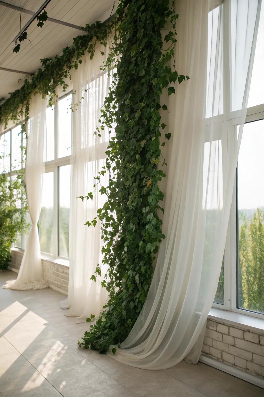 A fantastical greenery wall paired with translucent window coverings for a dreamy atmosphere.