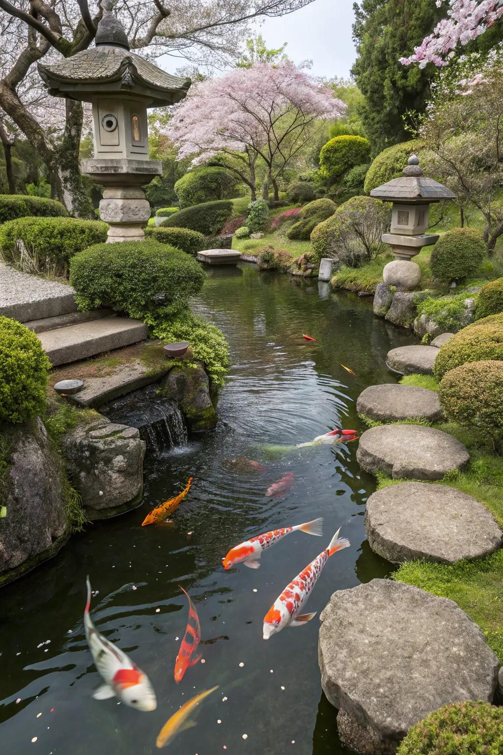 A vibrant koi pond adding life to a Japanese garden.