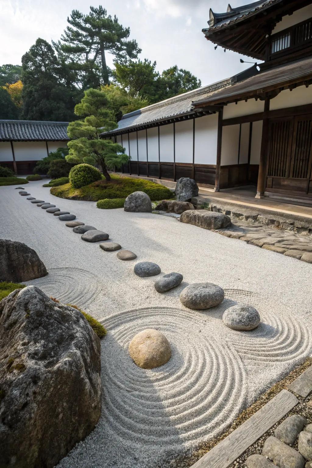 A karesansui gravel garden featuring deliberately placed stones.