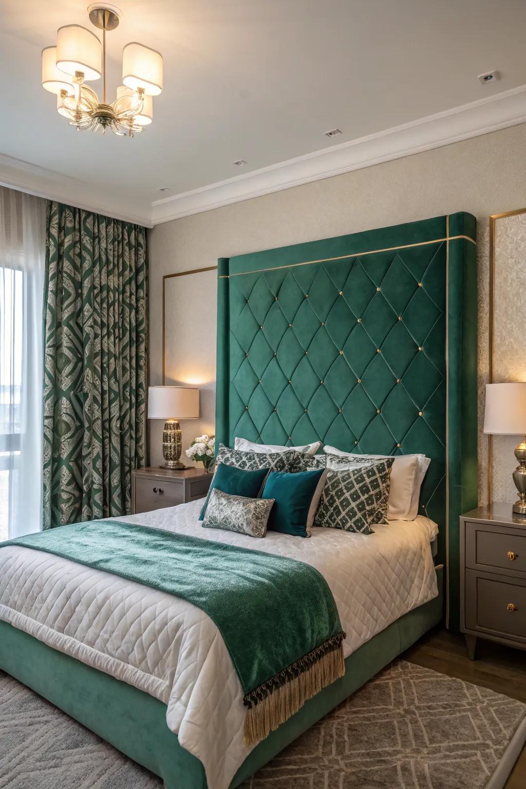 A striking headboard acts as a spectacular and welcoming centerpiece.