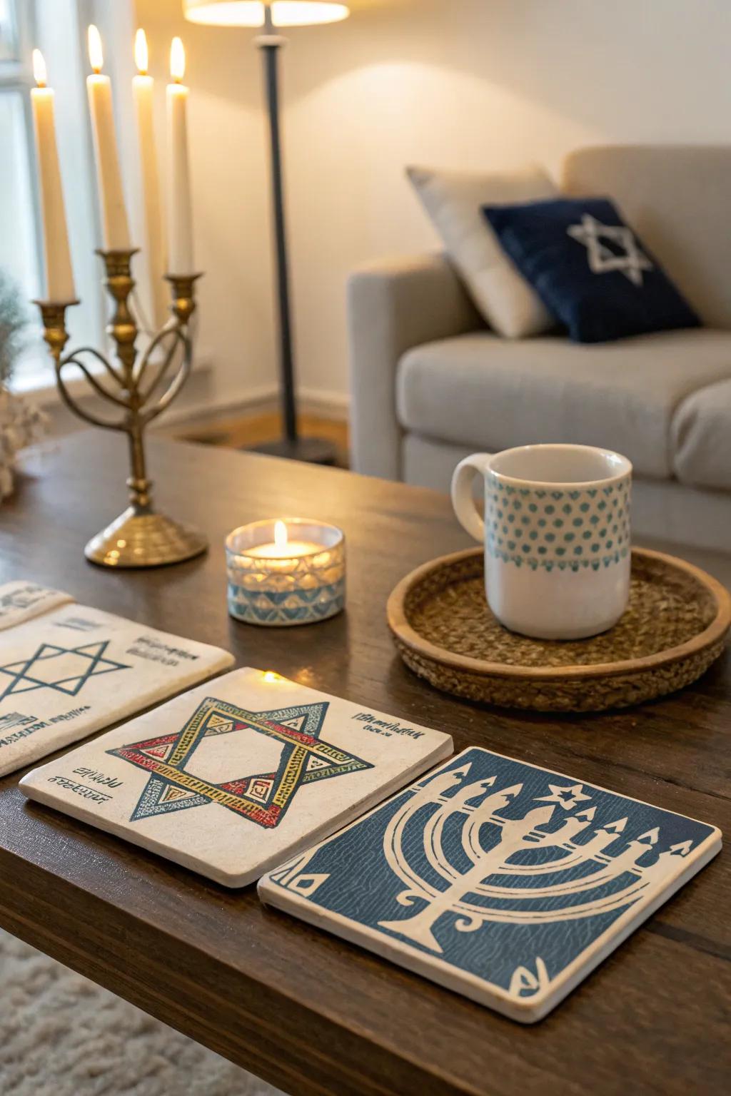 Jewish-motif mats injecting charm into a coffee surface.